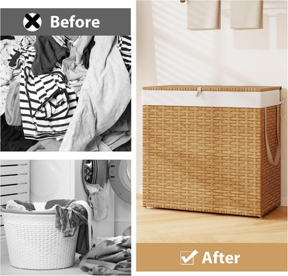 Giantex Laundry Hamper w/Wheels, 3 Section Hamper 125L w/2 Removable Liner Bags, Handwoven Rattan Divided Laundry Basket w/Lid and Handle for Laundry Sorter for Bathroom Bedroom (Brown)
