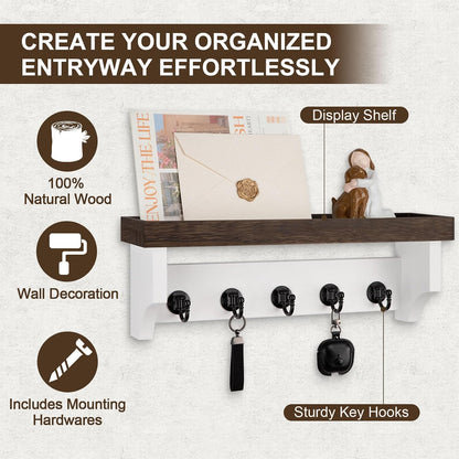 Key and Mail Holder Wall Mount, Key Holder with Shelf and Mail Organizer Wall Mount. Mail Holder with 5 Hooks for Coat, Dog Leash, Home Decor Rack, Entry Way Organizer (White)