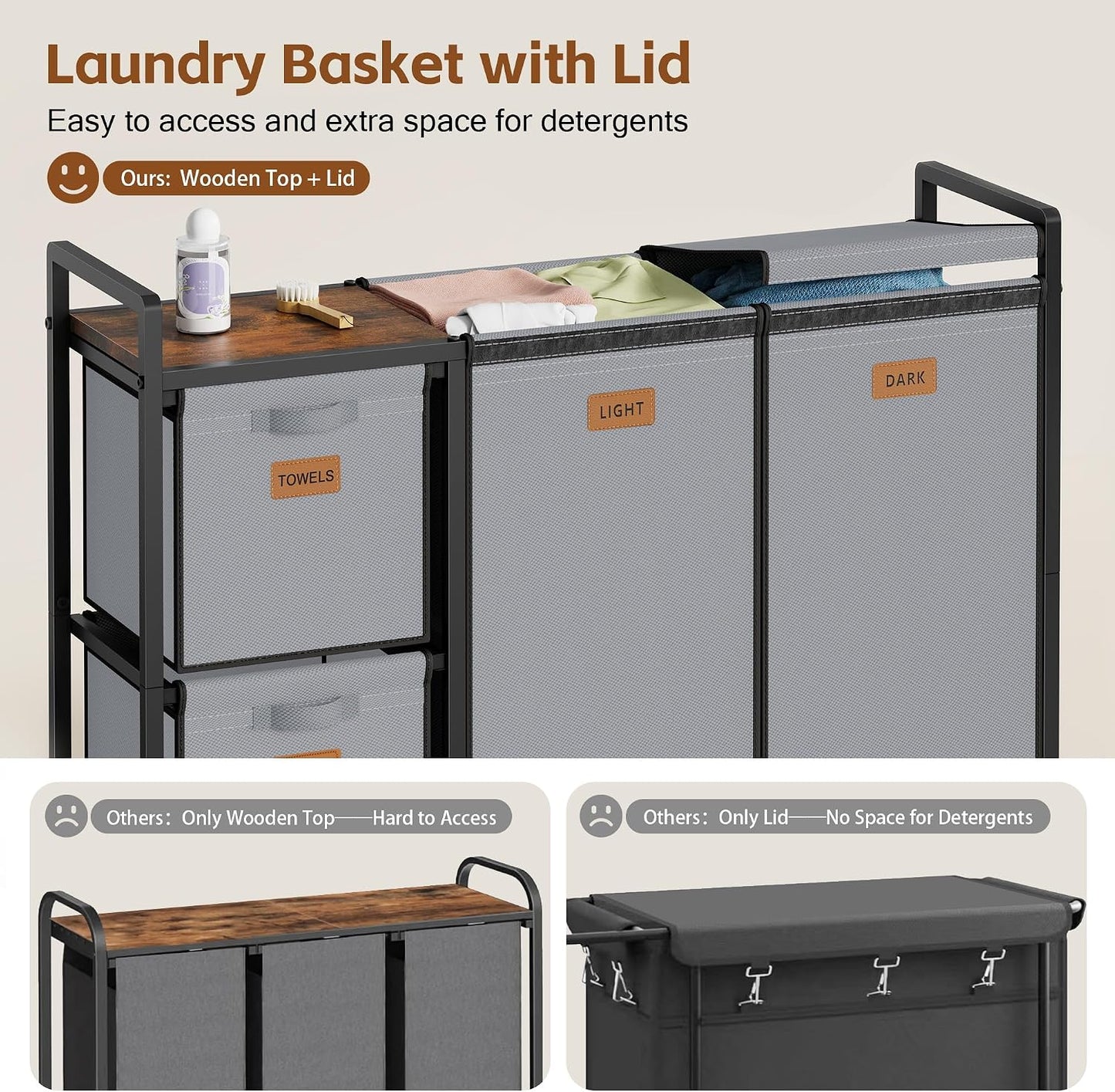 Hoctieon 4 Section Laundry Cart, 48 Gal. (182L) Laundry Hamper with Lid, Laundry Basket with Wheels, Rolling Laundry Sorter Organizer with Shelf, Clothes Separator with Removable Bags, Black