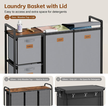 Hoctieon 4 Section Laundry Cart, 48 Gal. (182L) Laundry Hamper with Lid, Laundry Basket with Wheels, Rolling Laundry Sorter Organizer with Shelf, Clothes Separator with Removable Bags, Black