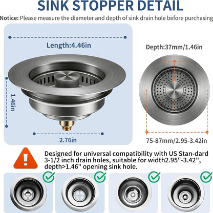 3-in-1 Kitchen Sink Drain Strainer - Pop Up Sink Stopper, Stainless Steel Sink Drain Strainer, Kitchen Sink Stopper & Drain Plug with Anti-Clogging Basket,Sink Strainer Fits US Standard 3-1/2'' Drains