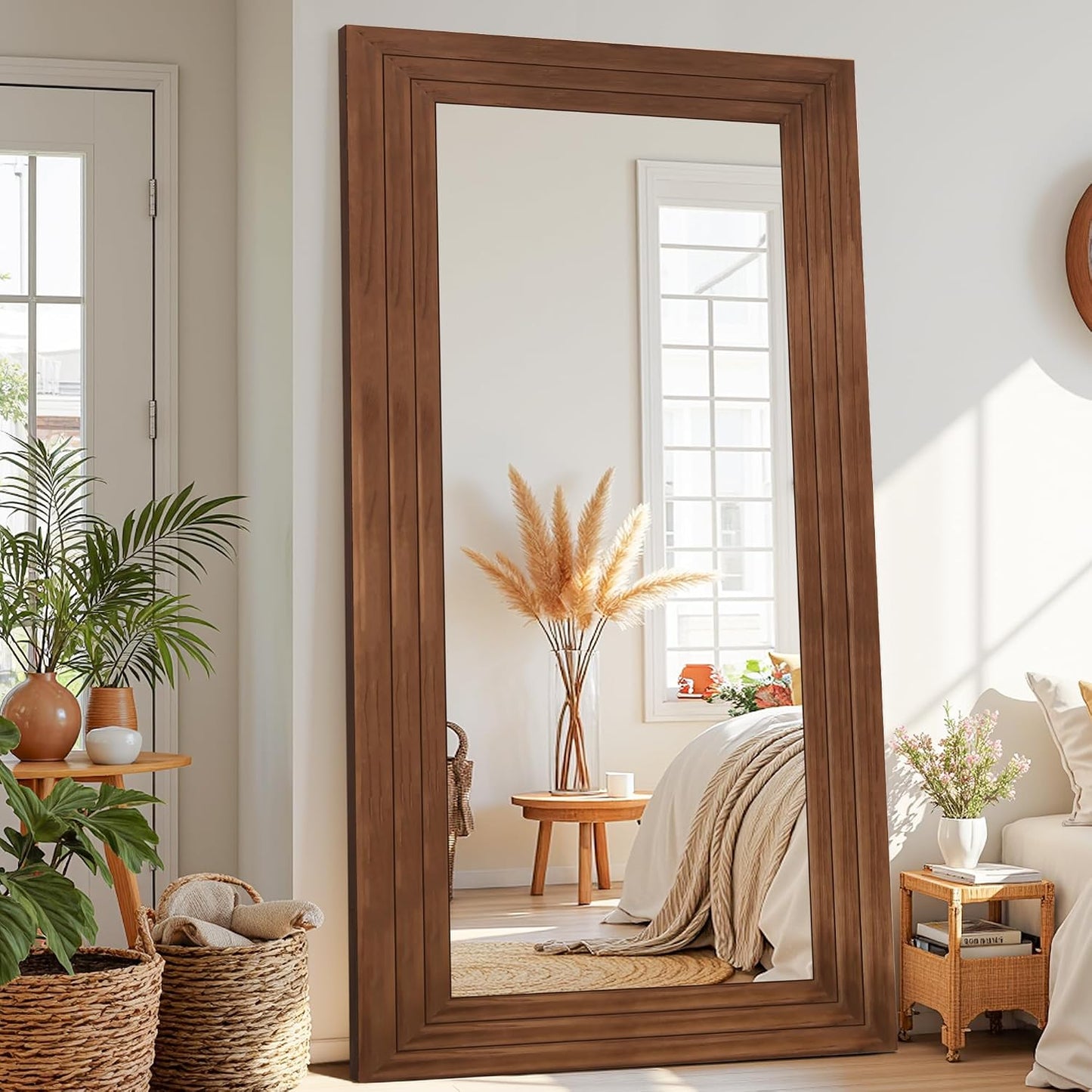 Antok Full Length Mirror with Solid Wood Frame, 71"×32" Wall Mounted Oversized Floor Mirror with Stand, Leaning Standing Hanging for Bedroom Living Room Entryway, Walnut, Arched Syle