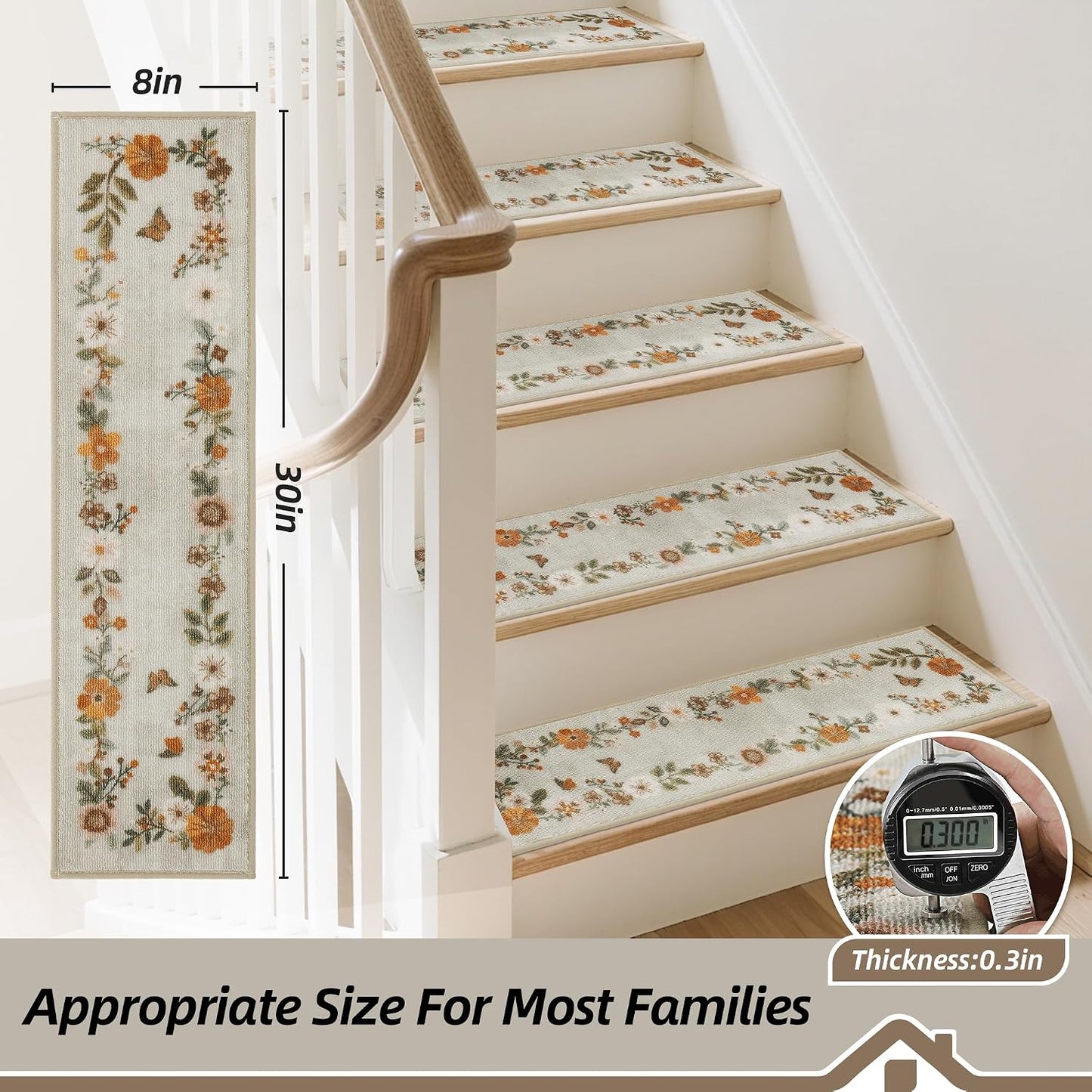 BEQHAUSE Stair Treads for Wooden Steps Non-Slip Machine Washable Carpet Stair Treads 8"X30" Soft Indoor Stair Runner for Kids Elders and Pets, 100% Polyester, TPE Backing, 15pcs, Grey/Orange