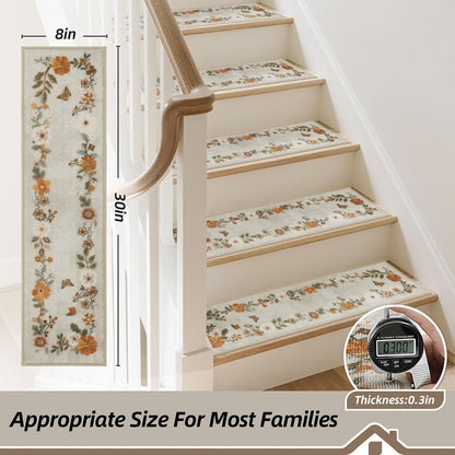 BEQHAUSE Stair Treads for Wooden Steps Non-Slip Machine Washable Carpet Stair Treads 8"X30" Soft Indoor Stair Runner for Kids Elders and Pets, 100% Polyester, TPE Backing, 15pcs, Grey/Orange