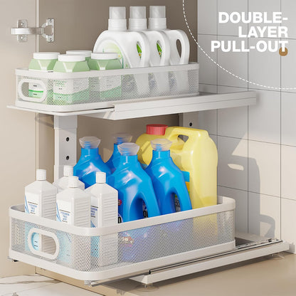 2 Pack 18.5IN-Depth Under Sink Organizer With Next-Gen Ball-Bearing Slides,2-Tier Precision Mesh Pull Out Cabinet Storage for Bathroom&Kitchen,Height Adjustable Drawers Shelf,Anti-rust-White