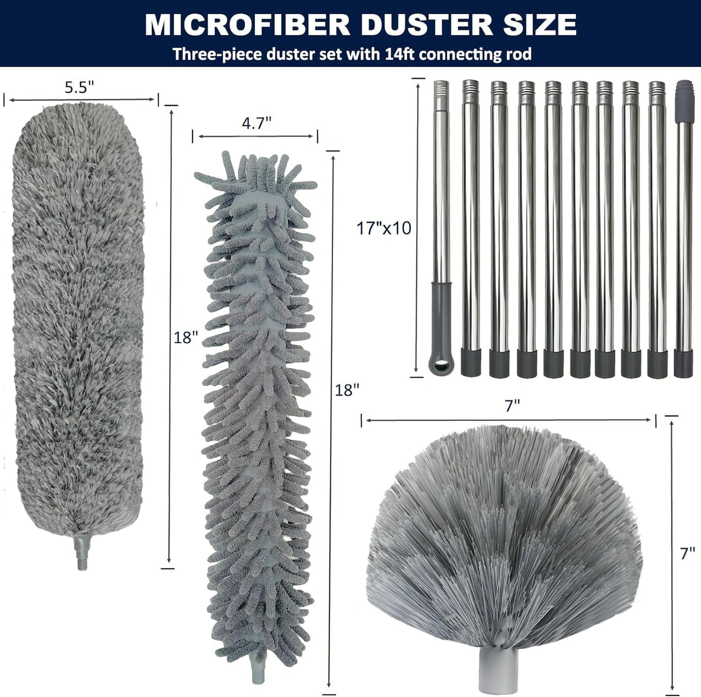 20+ Feet High Reach Duster Kit with 3-14 ft Extension Pole for Cleaning Fan, Spider Web, High Ceiling, Blinds, Furniture, Cars - Cobweb Microfiber Duster // Outdoor & Indoor Extendable Duster