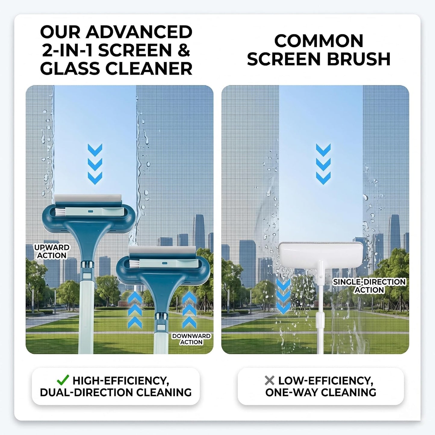 Window Screen Cleaning Brush with Long Handle, 2-in-1 Mesh Cleaner Tool & Squeegee, Double-Sided Multi-Purpose Scrubber for Glass, Sliding Door, Patio & Porch Screens (Blue)