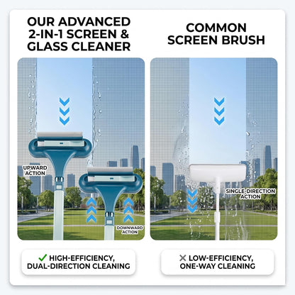 Window Screen Cleaning Brush with Long Handle, 2-in-1 Mesh Cleaner Tool & Squeegee, Double-Sided Multi-Purpose Scrubber for Glass, Sliding Door, Patio & Porch Screens (Blue)