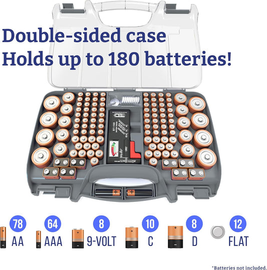 THE BATTERY ORGANISER Storage Case with Tester, Stores & Protects Up to 180 Batteries, Hinge Clear Cover with Locking Lid, Garage Gadget Organization Holds AA AAA C D and More, Gray