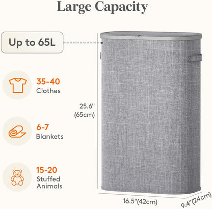 Lifewit Slim Laundry Basket with Lid, Narrow Laundry Hamper with Plastic Handles and Removable Bag, Tall Foldable Dirty Clothes Hampers for Laundry Room, Bedroom, Bathroom, Dorm, 65L Beige