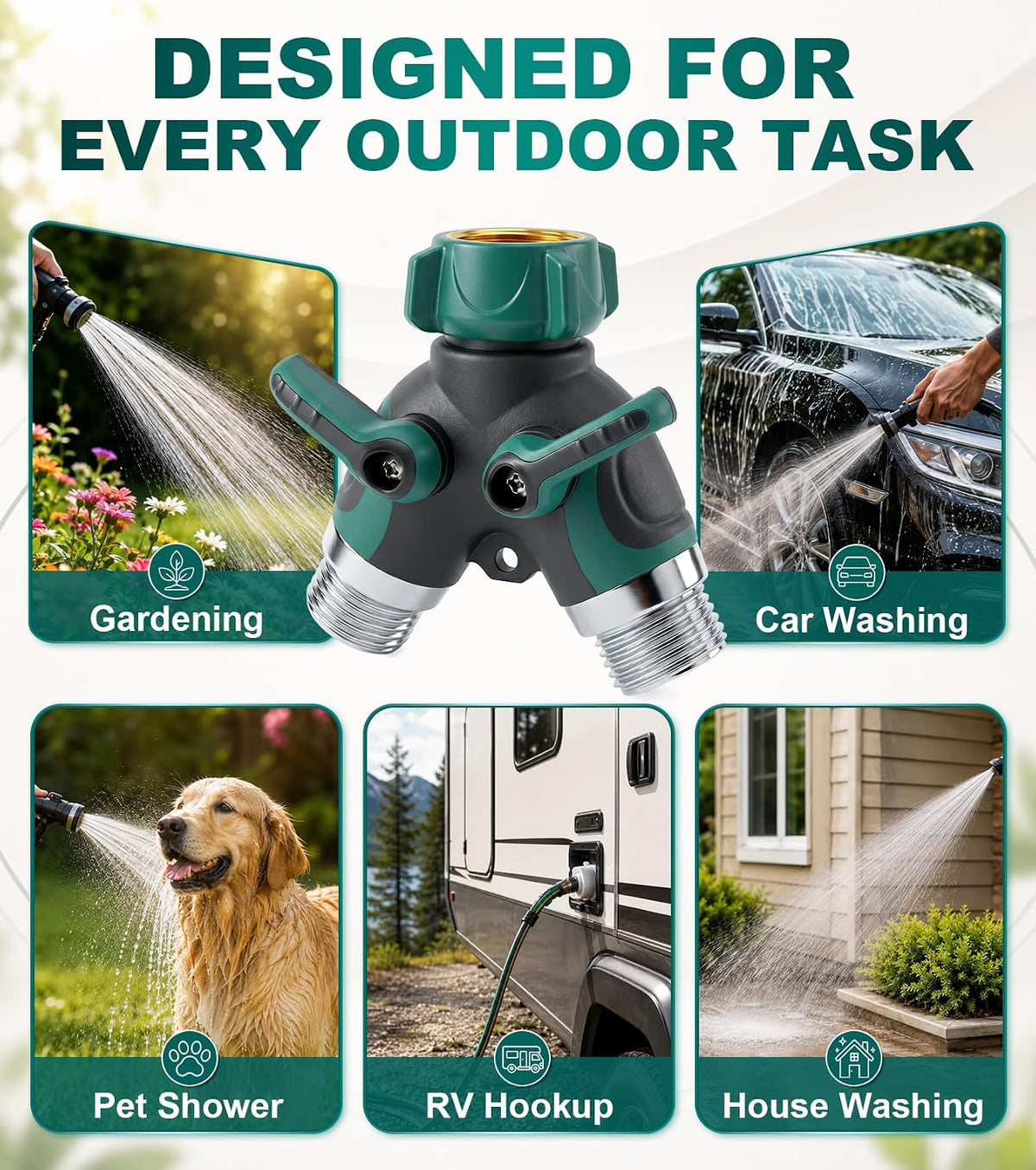 Garden Hose Splitter 2 Way, Heavy Duty Metal Water Hose Y Splitter with Shut Off Valves - 3/4" GHT Outdoor Faucet Spigot Bib Splitter for Irrigation Systems, Garden, Lawn, RV & Pet Bathing