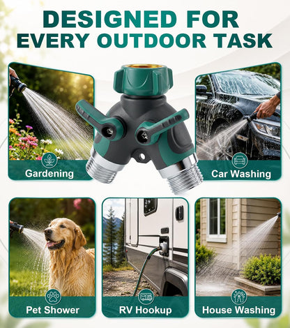 Garden Hose Splitter 2 Way, Heavy Duty Metal Water Hose Y Splitter with Shut Off Valves - 3/4" GHT Outdoor Faucet Spigot Bib Splitter for Irrigation Systems, Garden, Lawn, RV & Pet Bathing