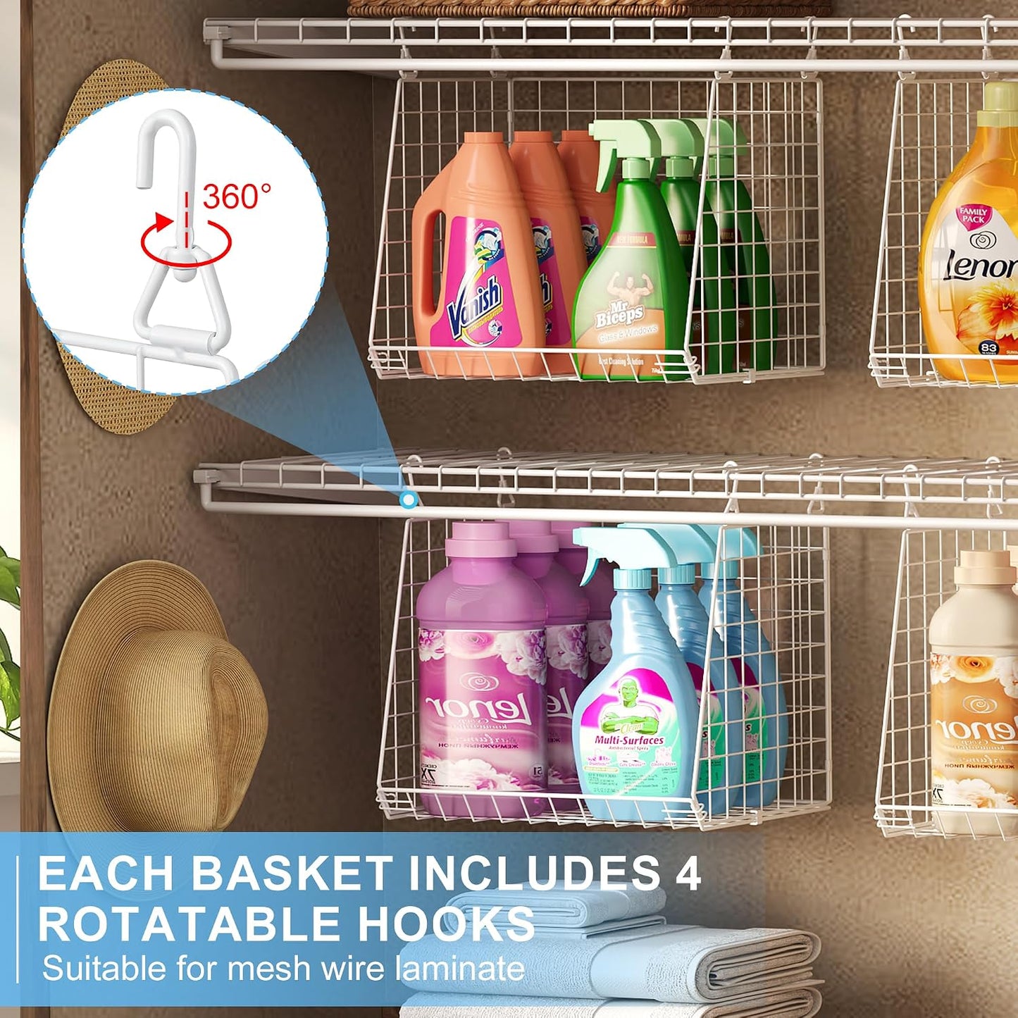 3-Pack Extra-Tall 13.6'' Hanging Laundry Basket Organizer, Foldable Wire Shelf with 360° Rotating Hooks & Reinforced Height - Durable Space-Saving Laundry Room & Closet Organizer, White Patent