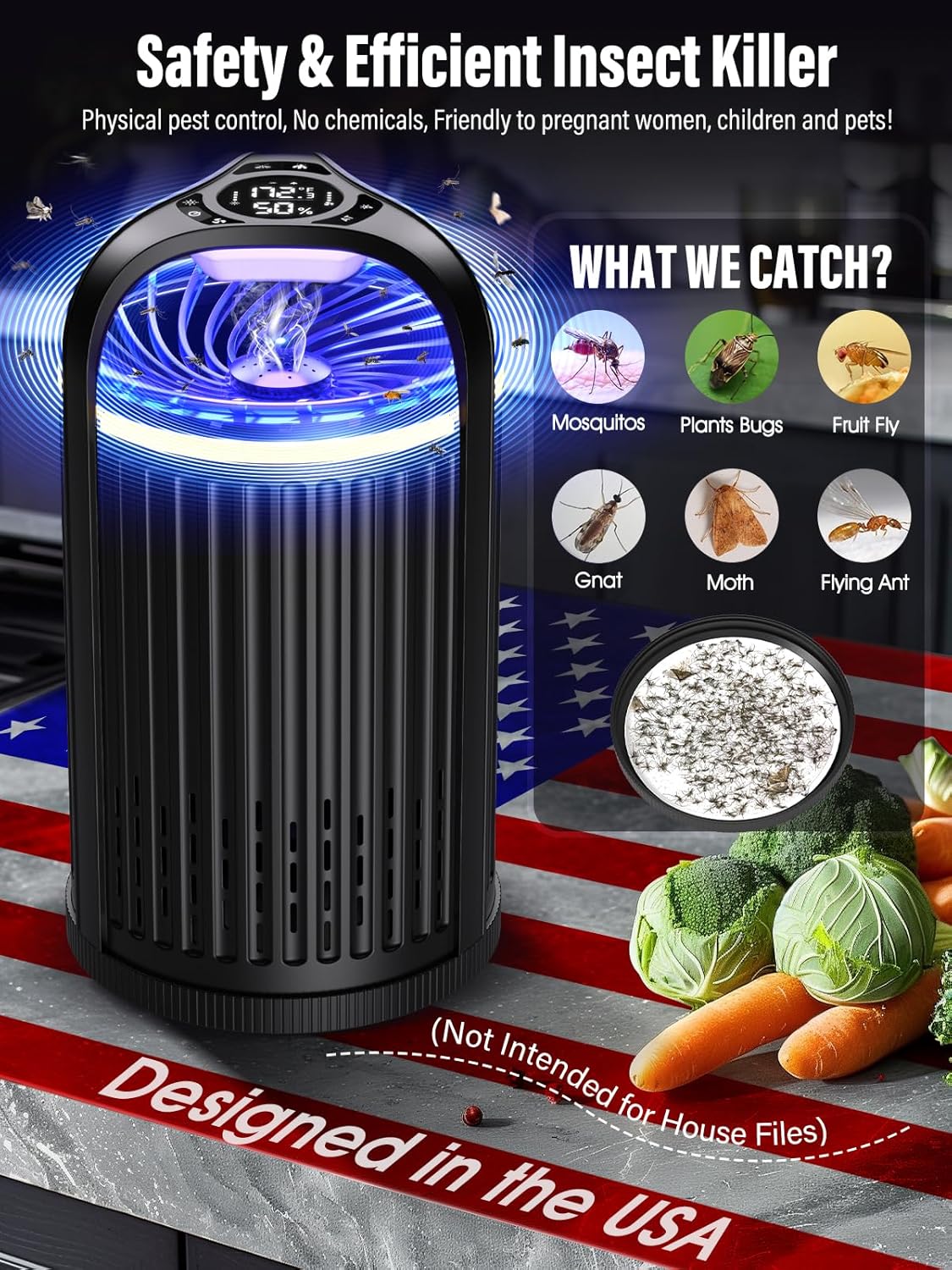 Fly Trap Indoor - Fruit Fly Traps for Indoors, Gnat Traps for House Indoor with 3-in-1 Multi-Insect Catching + UV&Blue Light + Fan Suction, Ideal for Garage/Kitchen/Patio/Plant Pots, 10 Refills, Black