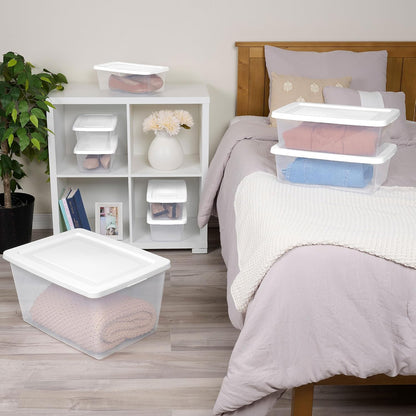 Sterilite 6 Pack Storage Box, 41 Quart Stackable Tote, Clear Plastic Container with Secure Snapping White Lids for Home and Office Organization