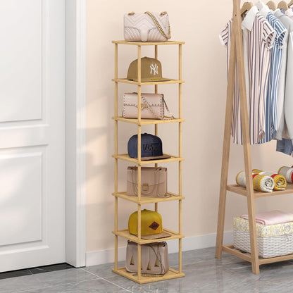 MHXW SXPN Bamboo Free Standing Shoe Rack Shelf Multi Tier Tall Wooden Stackable Shoes Rack Organizer for Closet Front Door Entrance Narrow Vertical Shoe Storage (Nature, 7 Tiers)