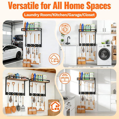 Broom Holder Wall Mount with Shelf Load 66LBS Broom and Mop Organizer Wall Hanging Broom Hanger with 4 Mop Hanger Grippers, 3 Hooks for Laundry Room, Garage, Utility Closet, Kitchen, 1 Pack