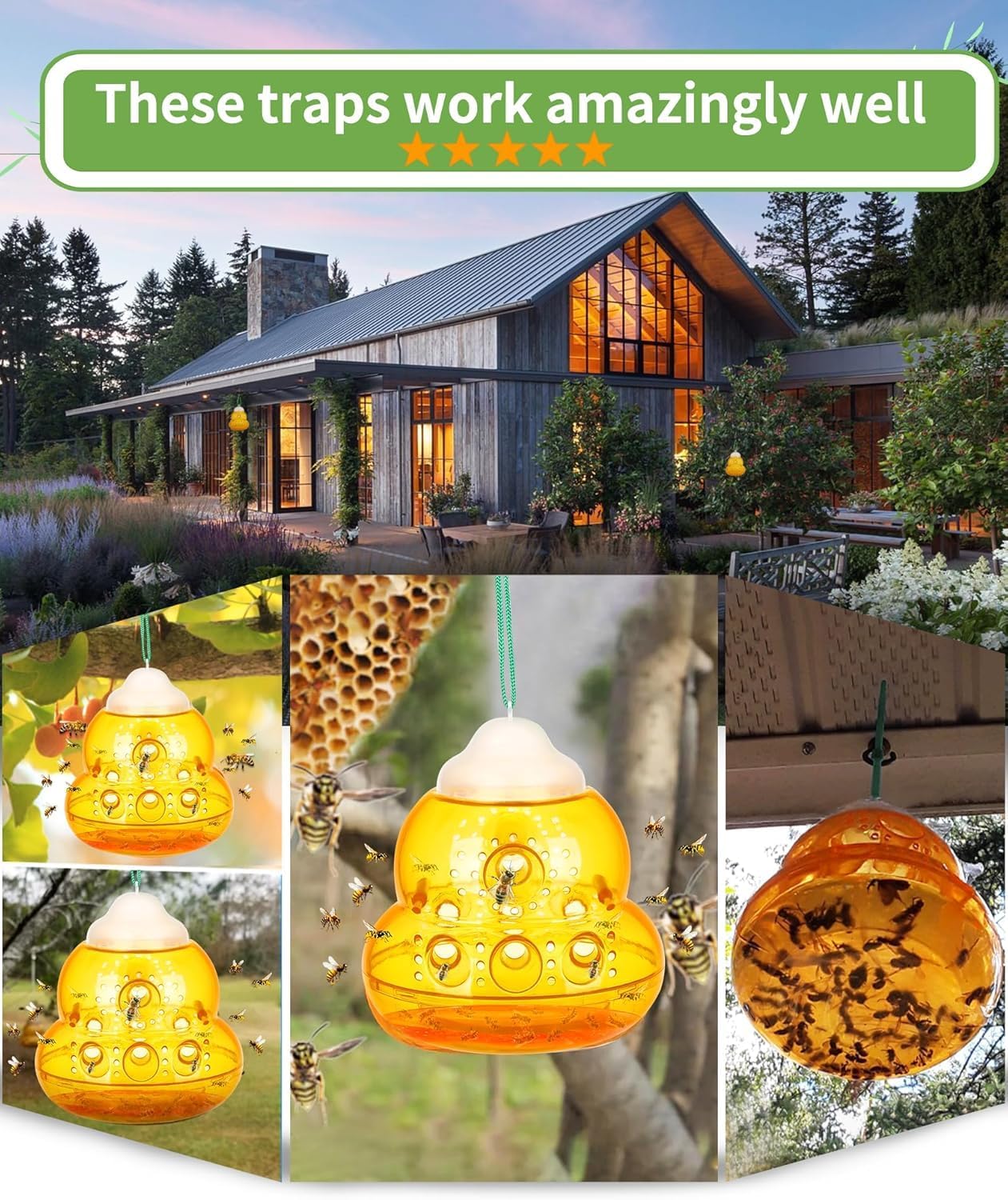 Wasp Trap, Bee Trap Catcher, Outdoor Hanging Wasp Repellent Insect Trap, Non-Toxic Reusable Yellow Jacket Hornet Catcher, Orange - 2 Pack, Safe Easy to Use