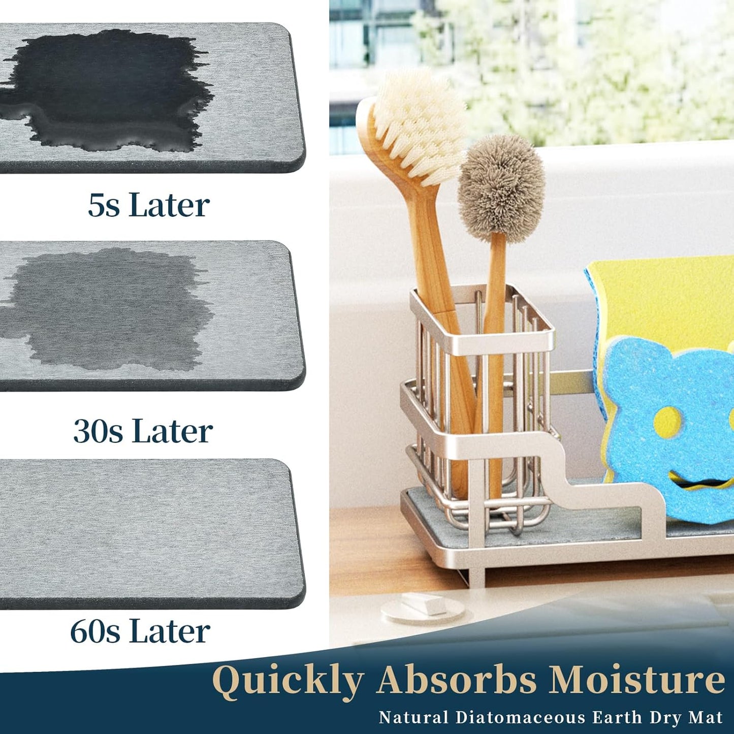 Consumest Sponge Holder for Kitchen Sink - Sink Caddy Organizer with Water Absorbing Stone Tray, Detachable Brush Holder, Stainless Steel Kitchen Counter Organizer Rack, Black
