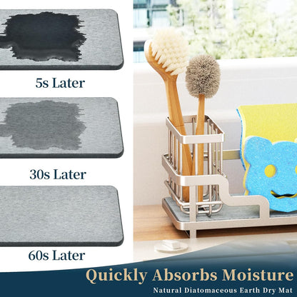 Consumest Sponge Holder for Kitchen Sink - Sink Caddy Organizer with Water Absorbing Stone Tray, Detachable Brush Holder, Stainless Steel Kitchen Counter Organizer Rack, Black