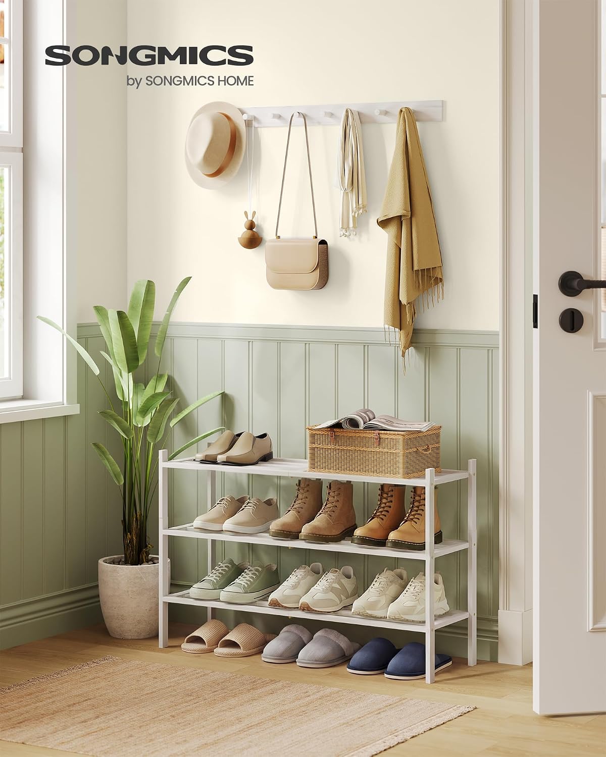 SONGMICS Bamboo Shoe Rack for Closet, Stackable Shoe Oragnizer with Modular Structure, Space-Saving Free Standing Shelf for Entryway Bedroom, 2-Tier, Holds 9-12 Pairs, Natural Color ULBS052YL01
