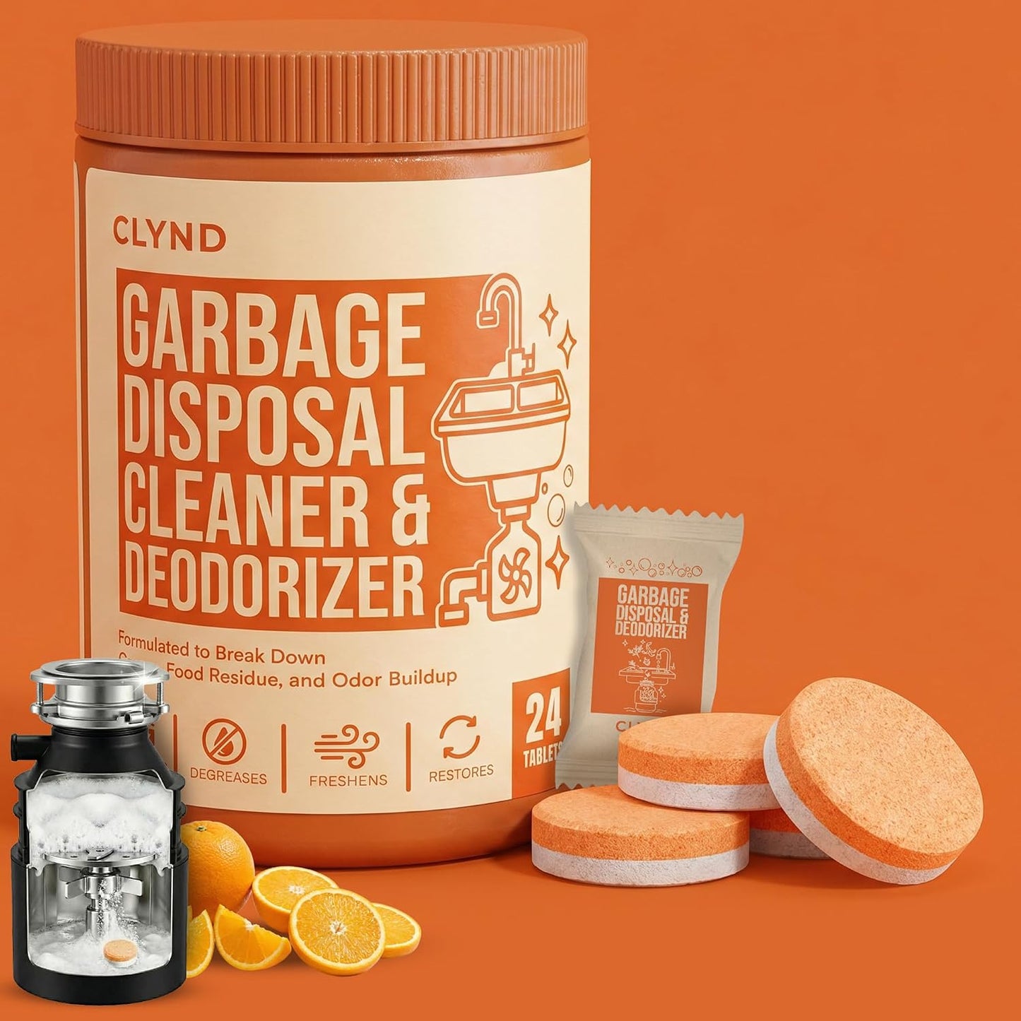 Garbage Disposal Cleaner and Deodorizer Tablets 24-Pack Citrus Foaming Tablets for Garbage Disposal, Kitchen Sink and Drain Cleaner, Lemon Orange Scent - Garburator, Disposer Freshener