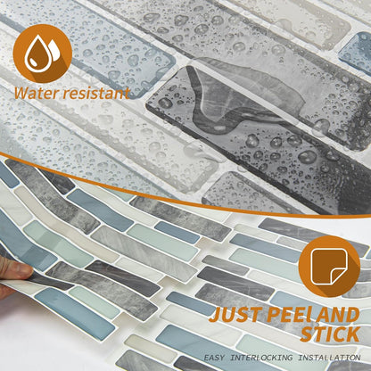 WOWSTAR 10-Sheet Peel and Stick Backsplash Tile for Kitchen, Back Splash Stick On Tiles for Kitchen Wall (Grey and Blue)