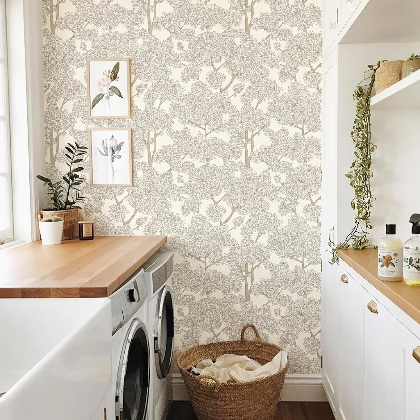 JiffDiff Tree Wallpaper Peel and Stick Jungle Wall Paper Forest Mural Stick on Wallpaper Modern Waterproof Self Adhesive Contact Paper (17.3" x 120" Cream)