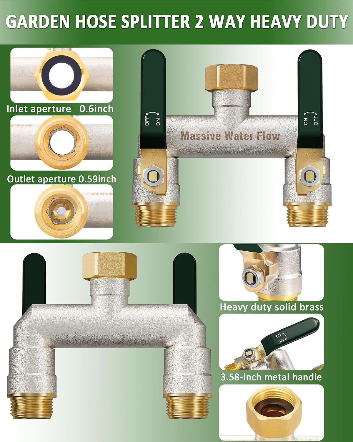 Hose Splitter 2 Way Heavy Duty, Garden Hose Splitter with 304 Stainless Steel Long Handle, Full Flow Brass Nickel Plated Water Hose T Spigot Splitter Adapter Connector, 3/4 - Inch GHT Thread (Blue)
