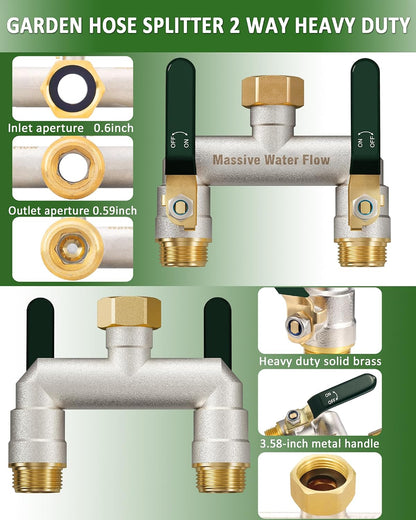 Hose Splitter 2 Way Heavy Duty, Garden Hose Splitter with 304 Stainless Steel Long Handle, Full Flow Brass Nickel Plated Water Hose T Spigot Splitter Adapter Connector, 3/4 - Inch GHT Thread (Blue)