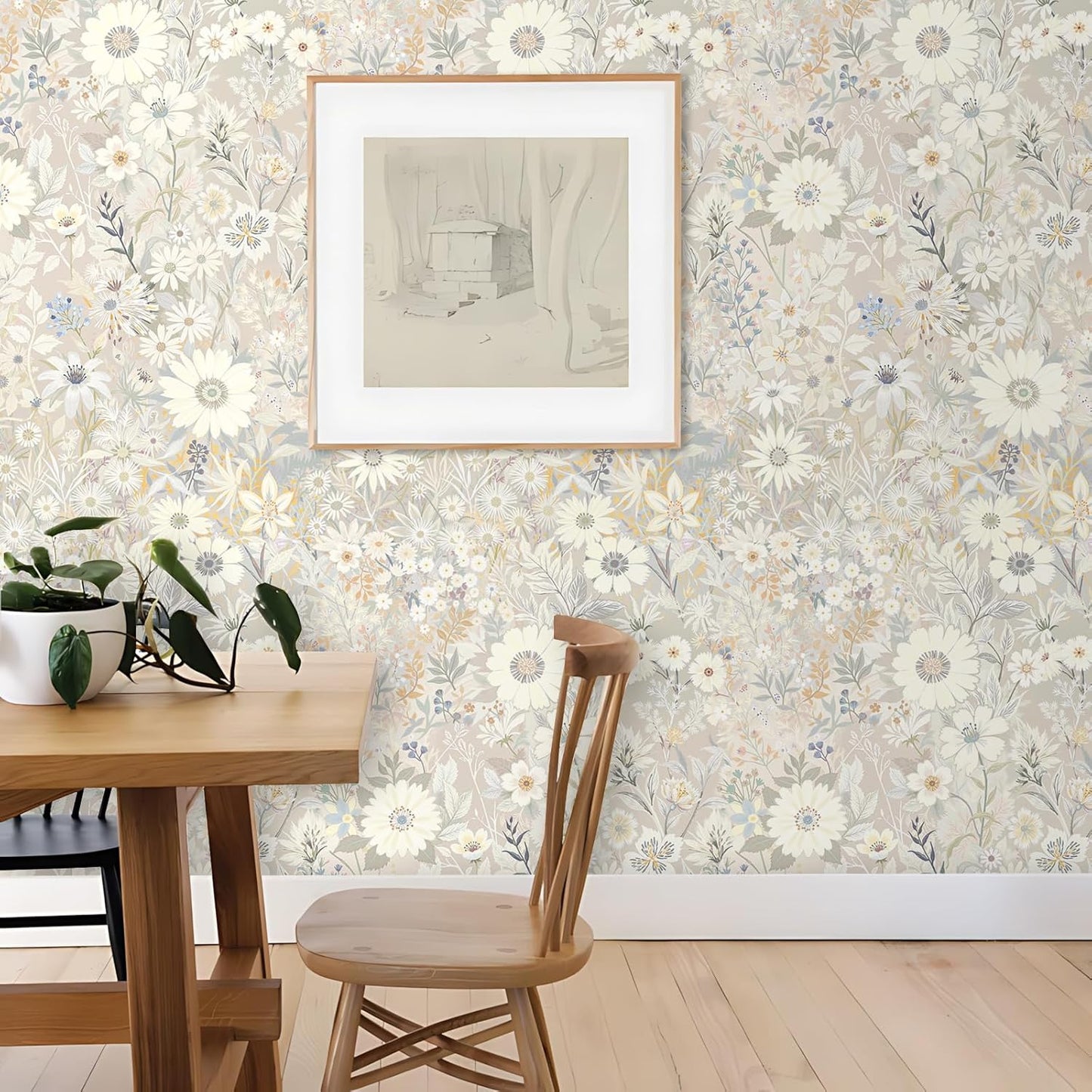 Wallpaper Peel and Stick Floral Wall Paper Removable Waterproof Gray/Yellow/Blue Contact Paper for Bedroom, Bathroom, Home Wall 17.3" x 118"