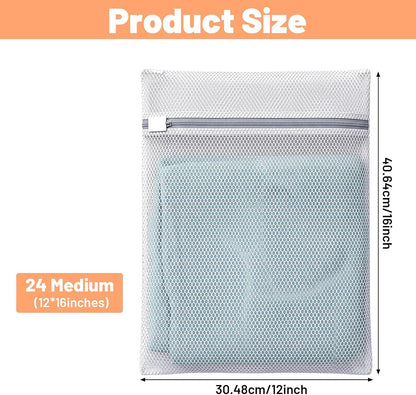 24 PCS Laundry Bags Mesh Wash Bags Bulk, Honeycomb Mesh Laundry Bags for Delicates with Zipper Closure, 12"x16" Medium Wash Bag for Bras, Socks, Baby Clothes, Dorm & Travel