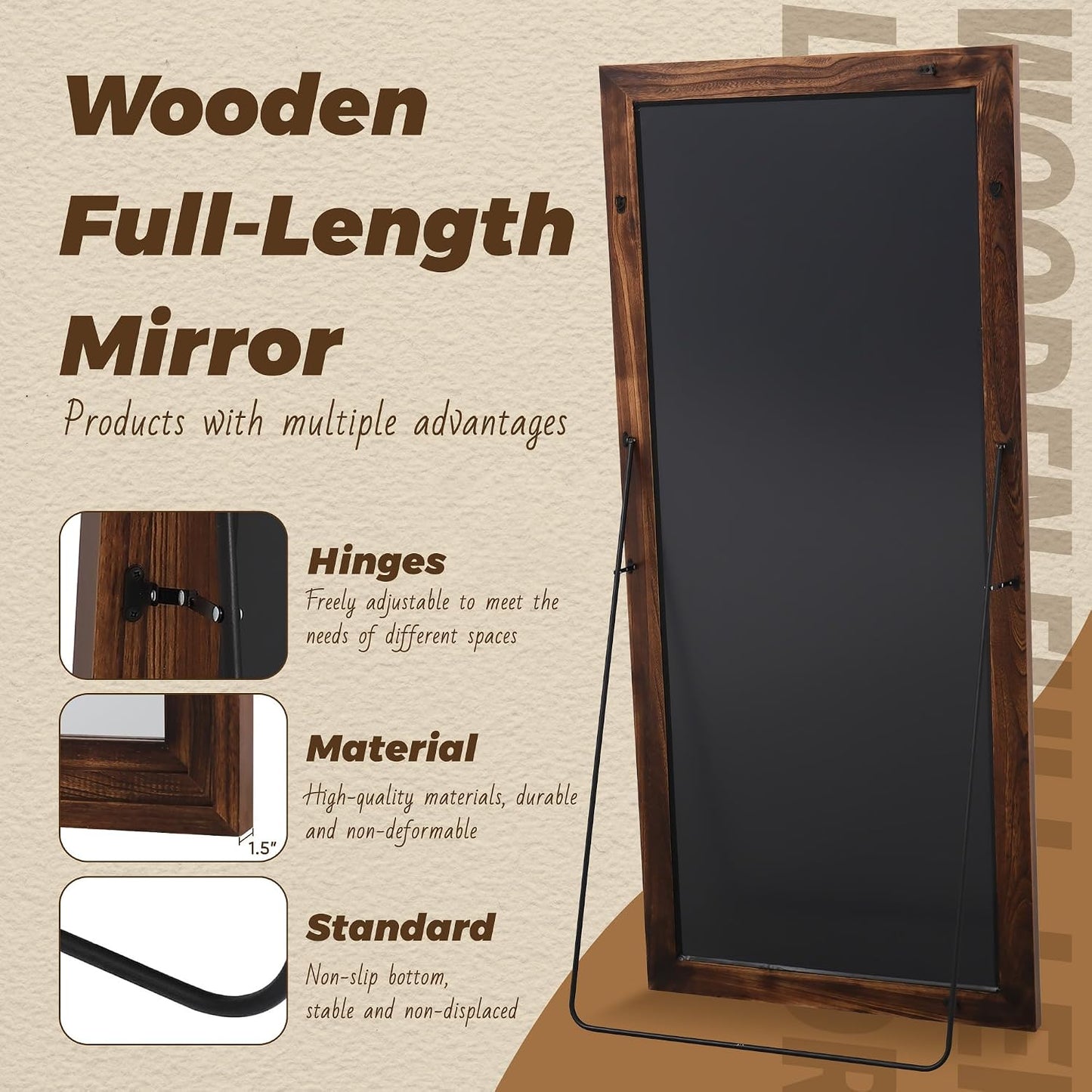 Antok Full Length Mirror with Solid Wood Frame, 71"×32" Wall Mounted Oversized Floor Mirror with Stand, Leaning Standing Hanging for Bedroom Living Room Entryway, Walnut, Arched Syle