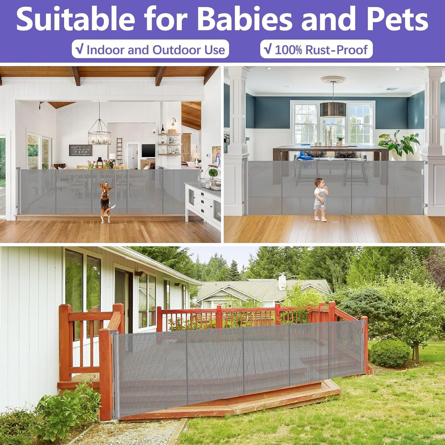 Newly Enhanced - 42" Tall × 120" Extra Wide Retractable Baby Gate Keeps Pets from Getting Under Tall Dog Gate, Indoor/Outdoor Baby Gates for Dogs, Retractable Dog Gate for Large Openings, White