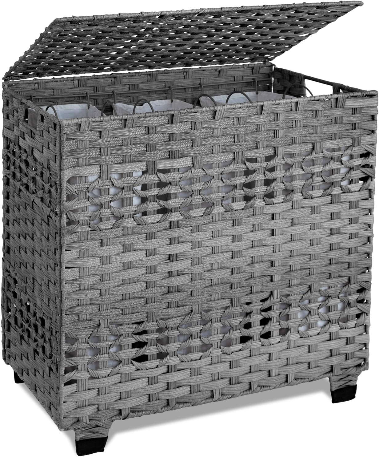 OIAHOMY Laundry Hamper with Lid, 140L Clothes Hamper with 3 Removable Liner Bags, Foldable Basket with Lid, Synthetic Wicker Laundry Basket for Bedroom, 27x 13 x 26 Inches, Yellow