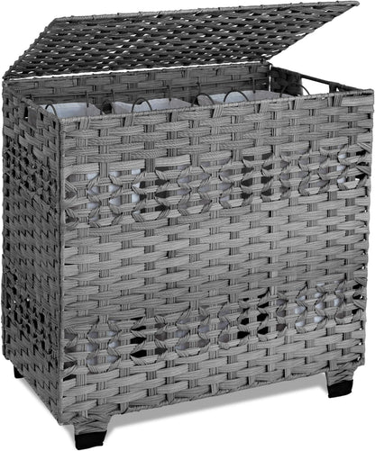 OIAHOMY Laundry Hamper with Lid, 140L Clothes Hamper with 3 Removable Liner Bags, Foldable Basket with Lid, Synthetic Wicker Laundry Basket for Bedroom, 27x 13 x 26 Inches, Yellow
