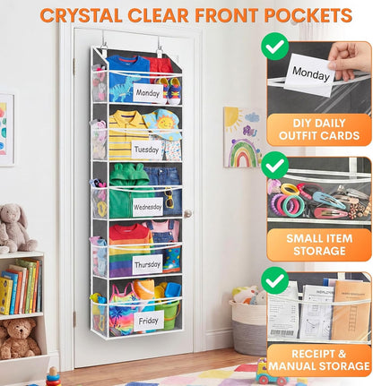 Over The Door Organizer, 5-Tier Extra Large Behind Door Storage with 10 Big Front & 10 Mesh Pockets, 80lb Capacity, Hanging Storage Organizer with Clear Window Kids Toys, Shoes, Diapers, Light Grey