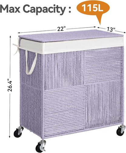 WOWLIVE Double Laundry Hamper with Lid, Handwoven Rolling Laundry Basket with Wheels, 115L Dirty Clothes Hamper with Removable Liner Bag Large Capacity Laundry Sorter Laundry Room Organization,Natural