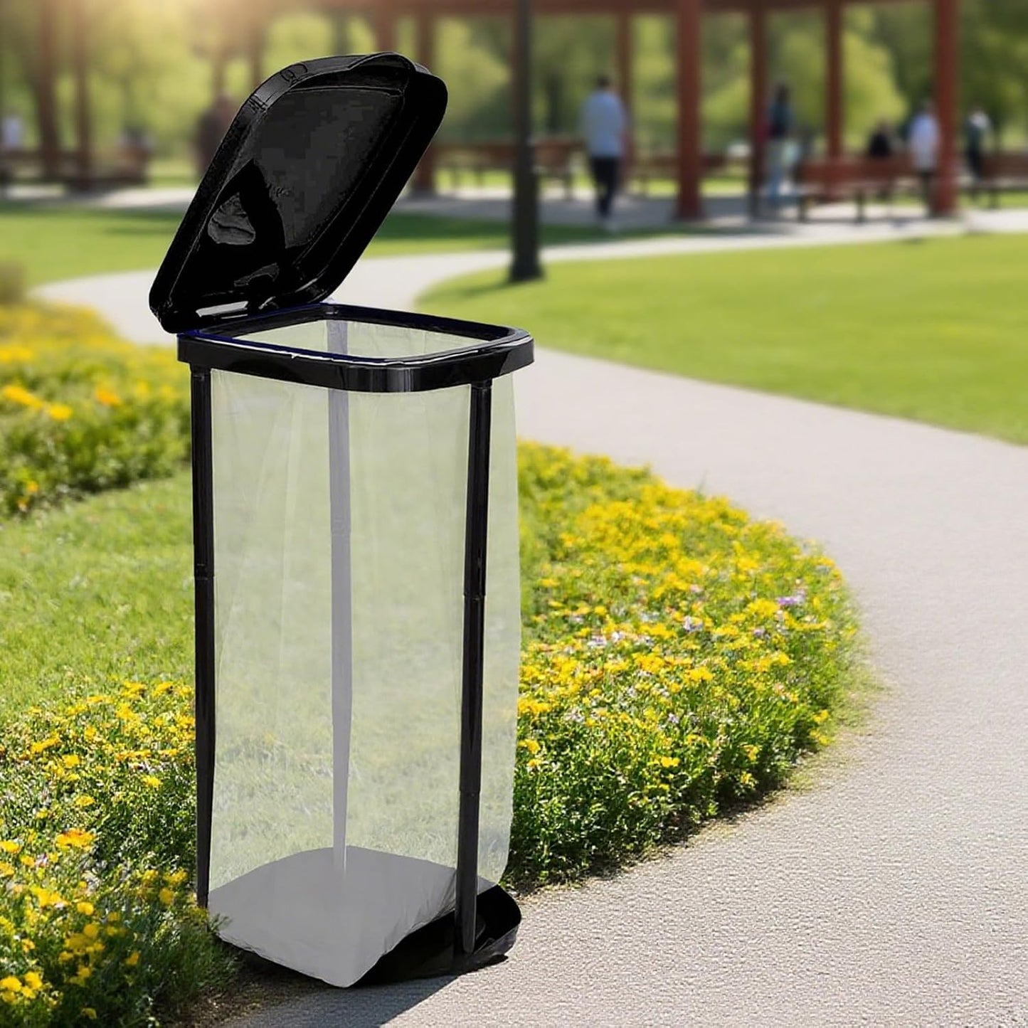 Collapsible Trash Bag Holder Portable Garbage Bin Holder Stand for Kitchen Outside High Capacity Plastic Outdoor Trash Can with Lid for Parties and Camping, Black