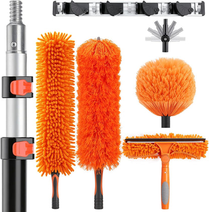 20 Foot High Ceiling Fan Cleaner Duster Kit with 5-12ft Heavy Duty Extension Pole, Microfiber Feather Duster, Cobweb Duster, Ceiling Fan Duster and Window Squeegee, Long Dusters for Cleaning