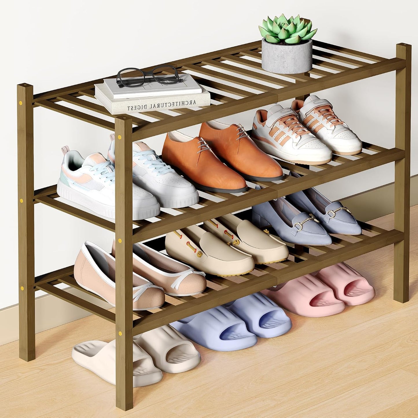 Smiry Bamboo Shoe Rack for Closet, 3 Tier Wooden Shoe Organizer, Stackable Wood Shoe Storage Shelf for Entryway, 14 Vertical Slats, One-piece Heavy-Duty Legs, 26.77"x11.02"x18.31", Natural