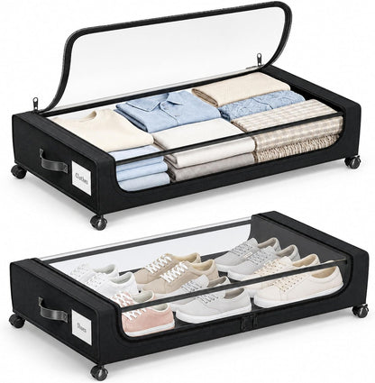 Camkey® Under Bed Storage with 360° Wheels, 2-Pack, 60L Low-Profile Rolling Underbed Bins for Clothes, Shoes, Toys & Books,Easy Pull-Out, Dust Protection, Space-Saving Organizer for Bedroom/Dorm,Black