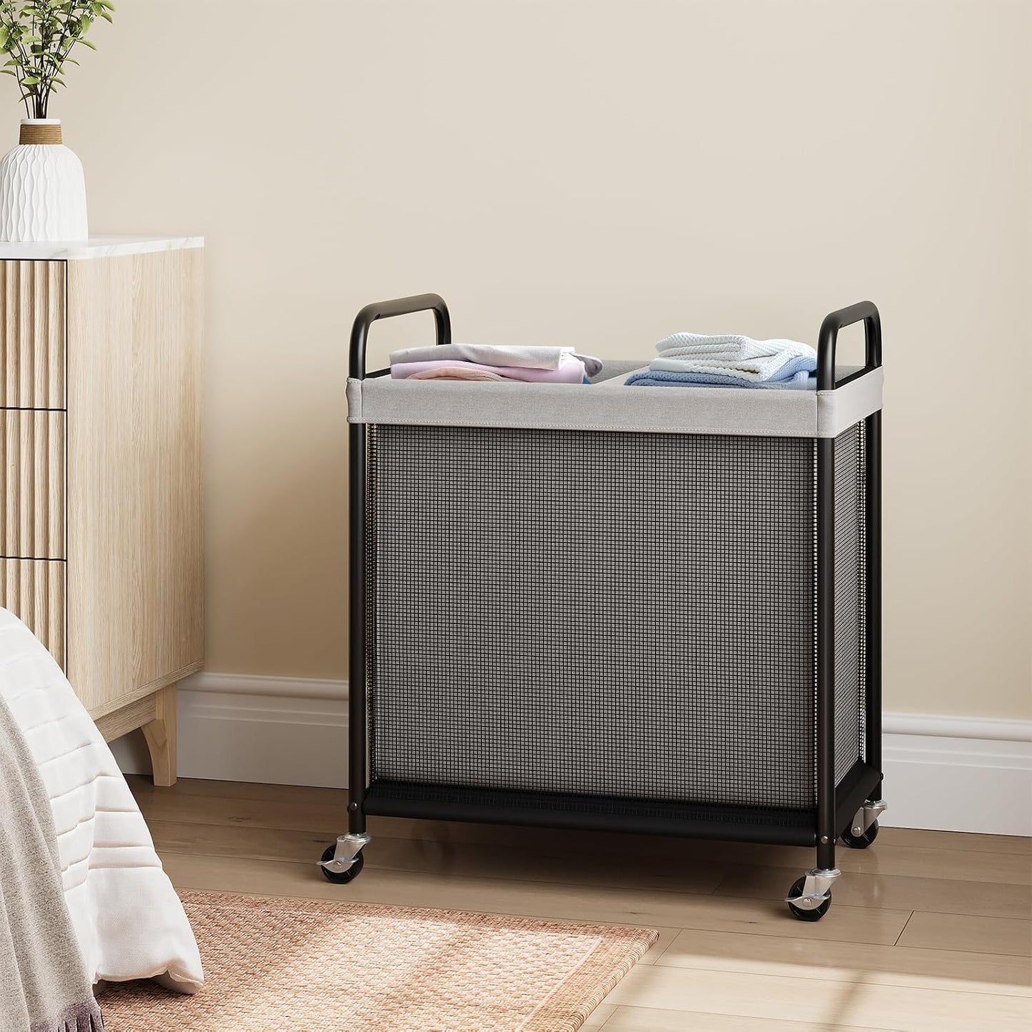 ELYKEN Laundry Hamper 3 Section, 120L Rolling Laundry Sorter with Removable Liner Bag, Laundry Basket with Wheels, Steel Frame with Metal Handle, Clothes Hamper Cart for Laundry Room & Bedroom