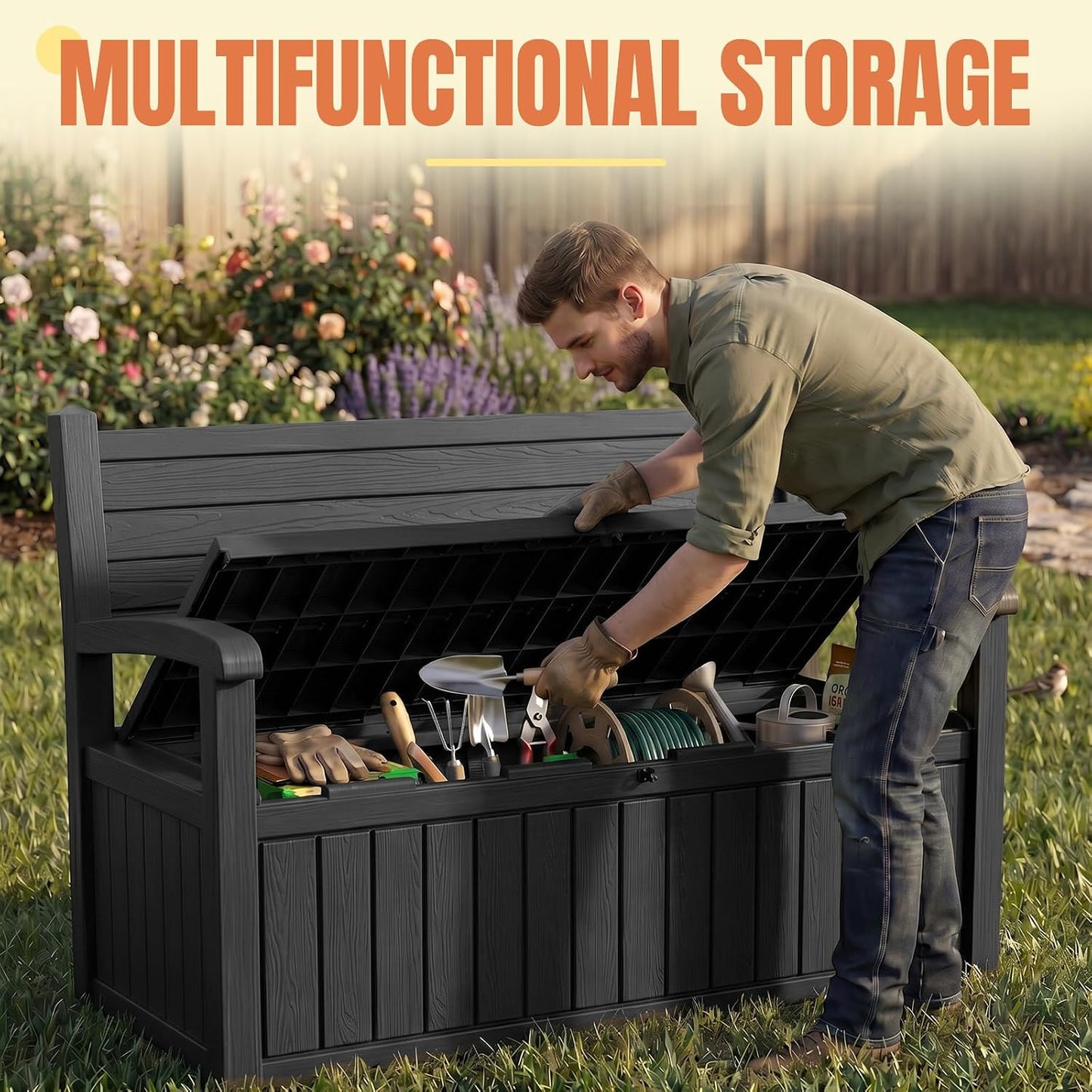 Storage Bench Outdoor Deck Box,100 Gallon Waterproof & UV Resistant Lockable Patio Furniture Seating.Indoor/Outdoor Shoe Storage Cabinet for Garden Cushions,Tools,Patio,Pool Supplies(Black)