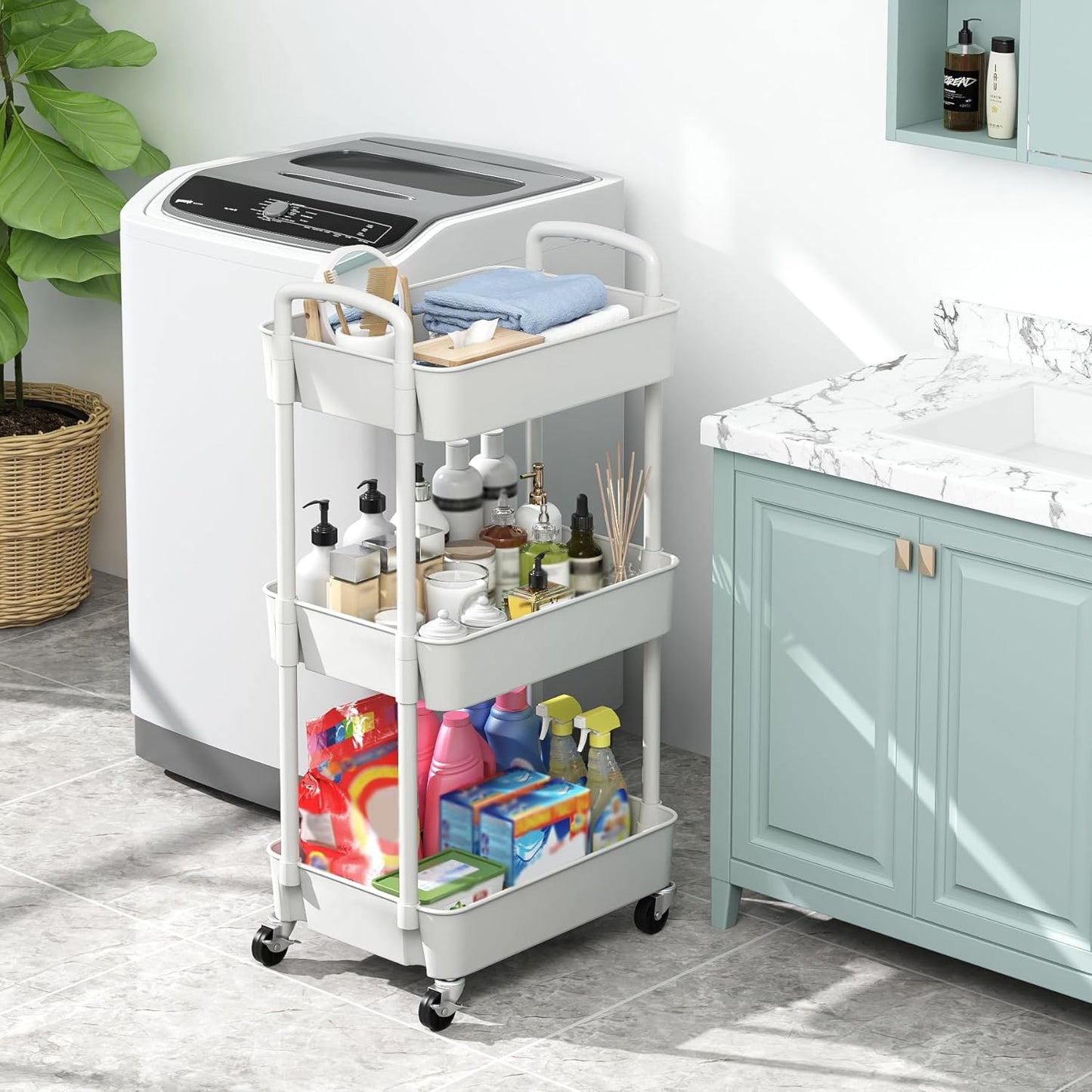 Sywhitta 4-Tier Plastic Rolling Utility Cart with Handle, Multi-Functional Storage Trolley for Office, Living Room, Kitchen, Movable Storage Organizer with Wheels, Black