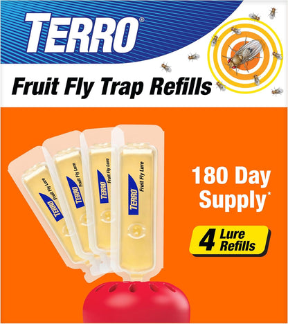 TERRO Fruit Fly Trap 4-Pack, 180 Day Lure Supply, Food-Based Lure | Apple-Shaped Design for Kitchen Counters, Fruit Bowls, Trash Cans, Food-Based Lure, Indoor Pest Control, Fruit Fly Killer