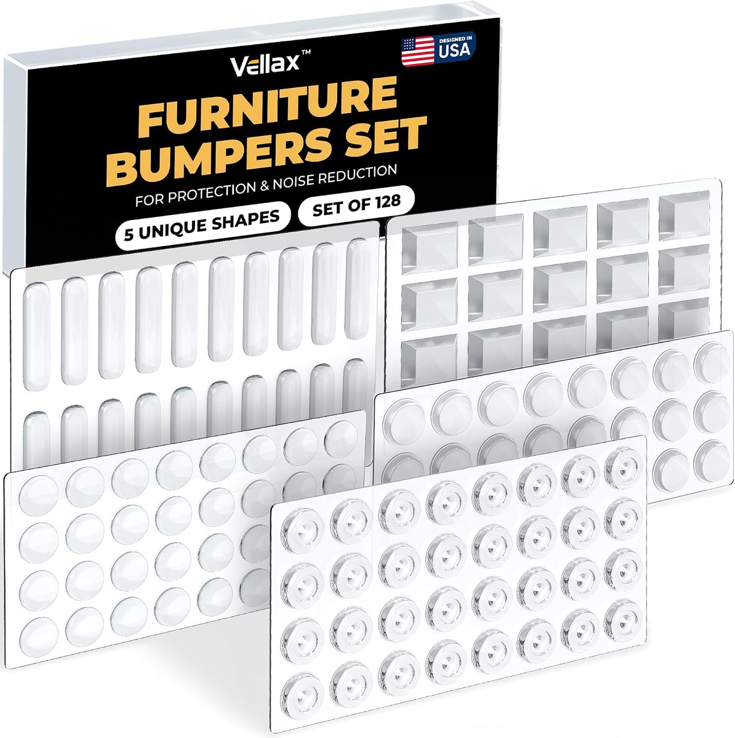 128 Clear Cabinet Bumper Pads – Self-Adhesive Silicone Set with 5 Unique Shapes for Doors, Drawers & Furniture – Premium Sound Dampening Pads for Surface Protection