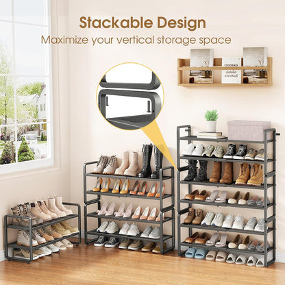 SAYZH Expandable Shoe Rack for Closet, Adjustable Metal Shoe Organizer with Sturdy Mesh Shelves for Boots & Heels, Stackable Shoe Storage for Entryway, Garage, Small Spaces (Black, 2-Tier)