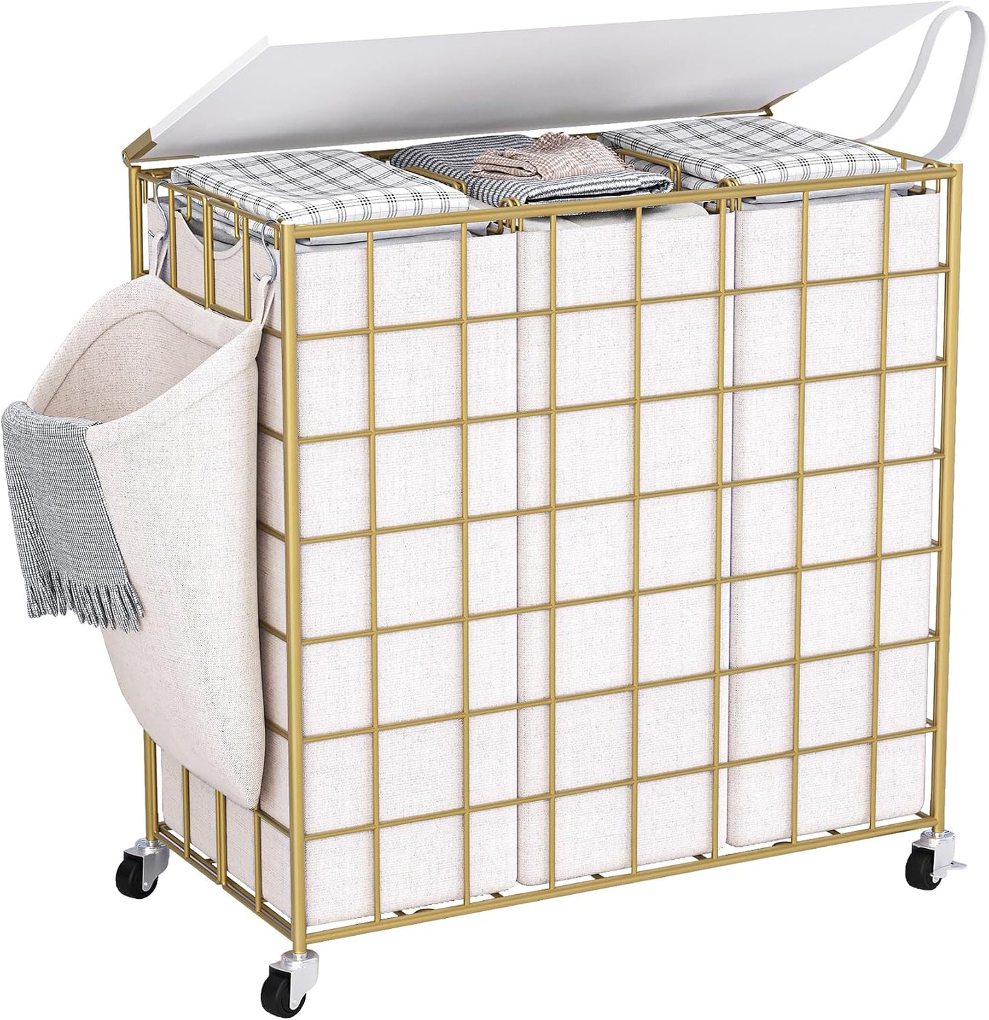 Laundry Basket with Wheels, Heavy Duty Laundry Sorter 2 Sections, 120L (32Gal.) Large Capacity Laundry Hamper with Wood Lid, 360 Rolling Wheels, Extra Side Pocket, Leather Pull Handle, Beige