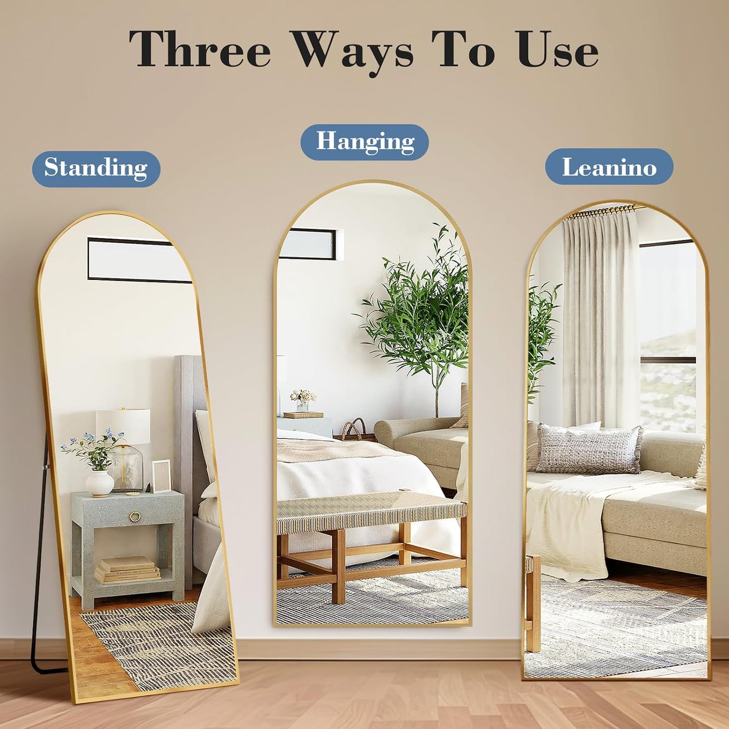 59"x16" Arched Full Length Mirror, Full Body Mirror with Leaning or Standing, Floor Standing Aluminum Frame for Bedroom, Livingroom, Cloakroom, Black